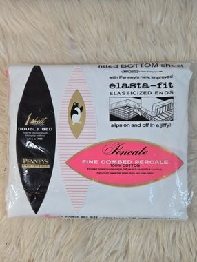 Vintage JCPenney Percale Double Fitted Sheet White 100% Cotton NOS ElastaFit USA